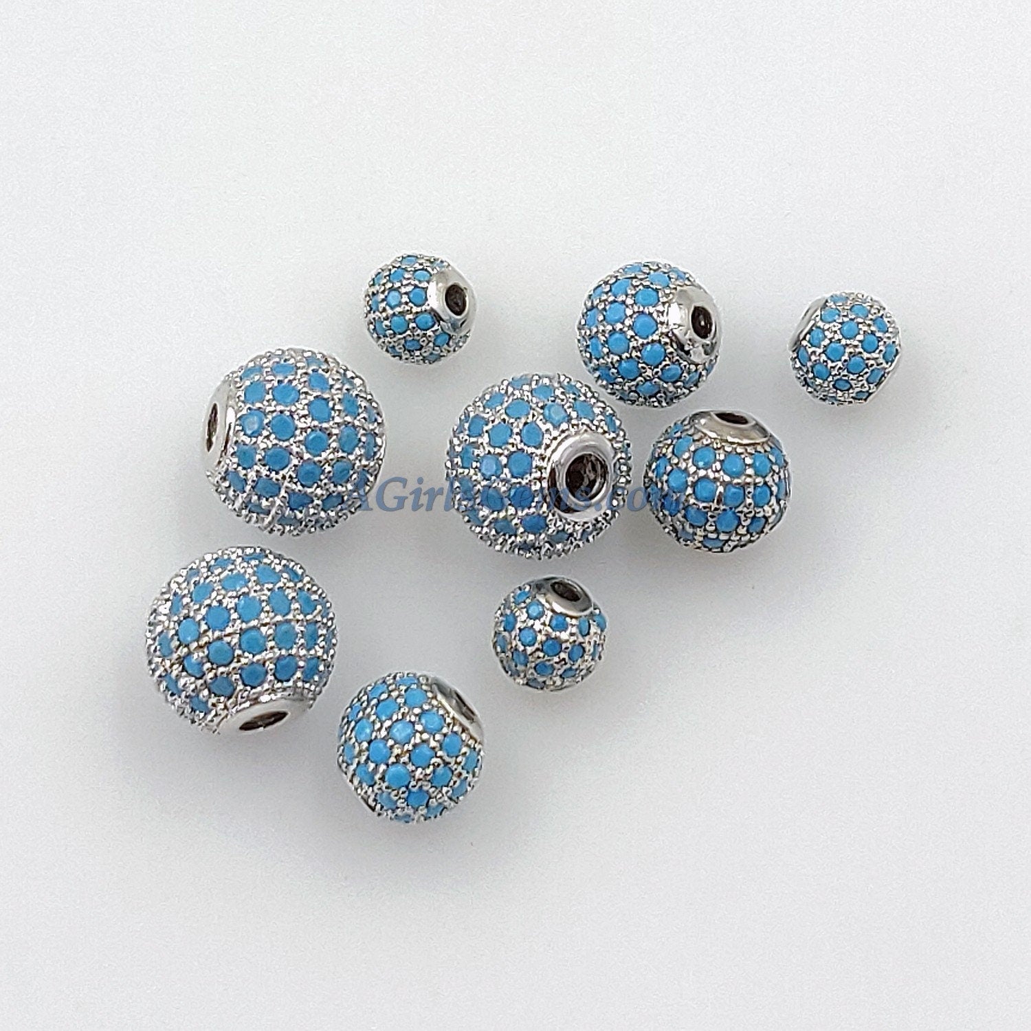 CZ Micro Pave Turquoise Pave Round Balls, Silver Rhodium Plated 8 mm #2677, 10 mm Stone Beads Blue Zircons Crystal Focal Beads