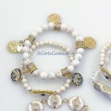 Evil Eye Beaded Bracelets, White Turquoise Howlite Yoga 6 mm or 8 mm Boho Bracelet Stack, Stretchy Bracelet