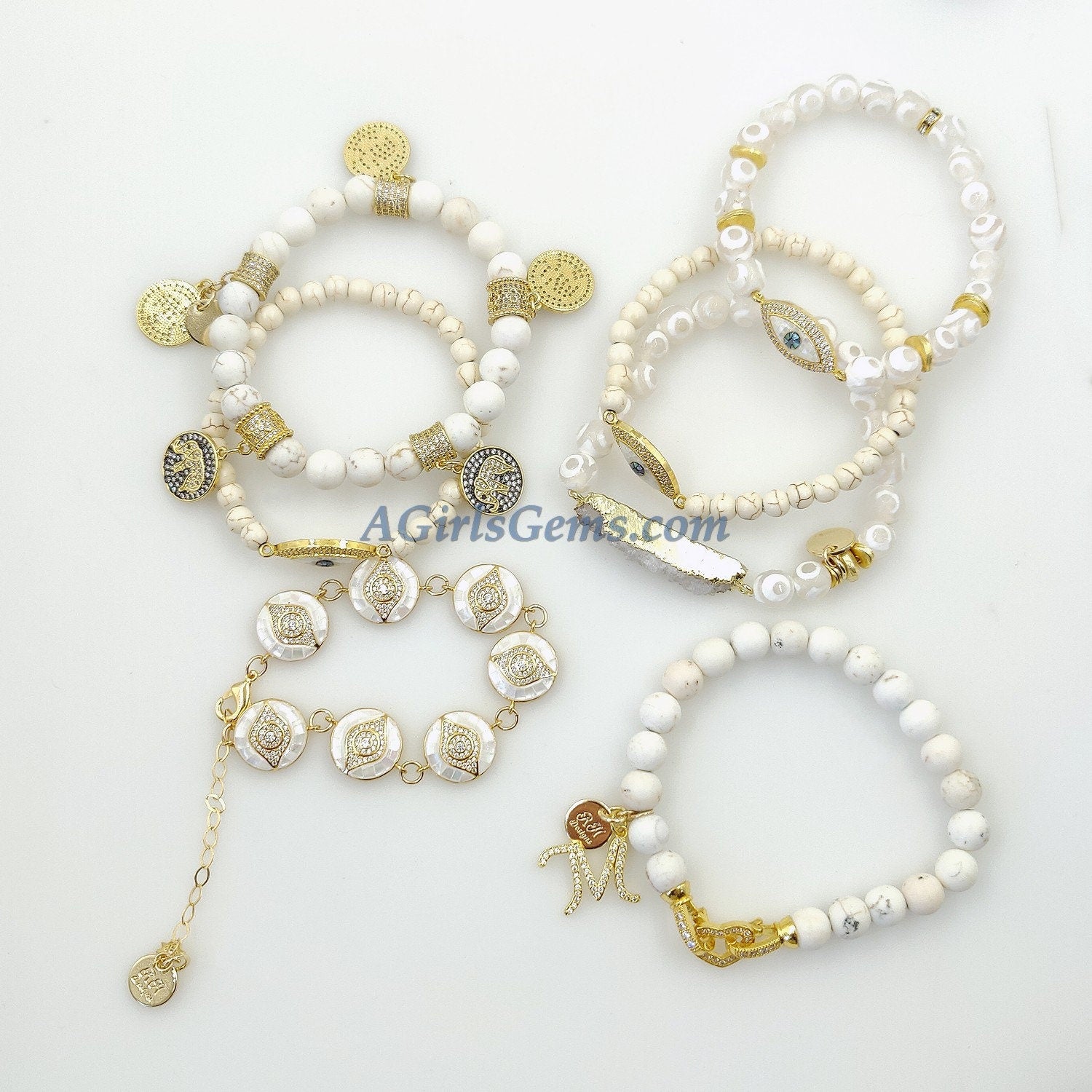 Evil Eye Beaded Bracelets, White Turquoise Howlite Yoga 6 mm or 8 mm Boho Bracelet Stack, Stretchy Bracelet