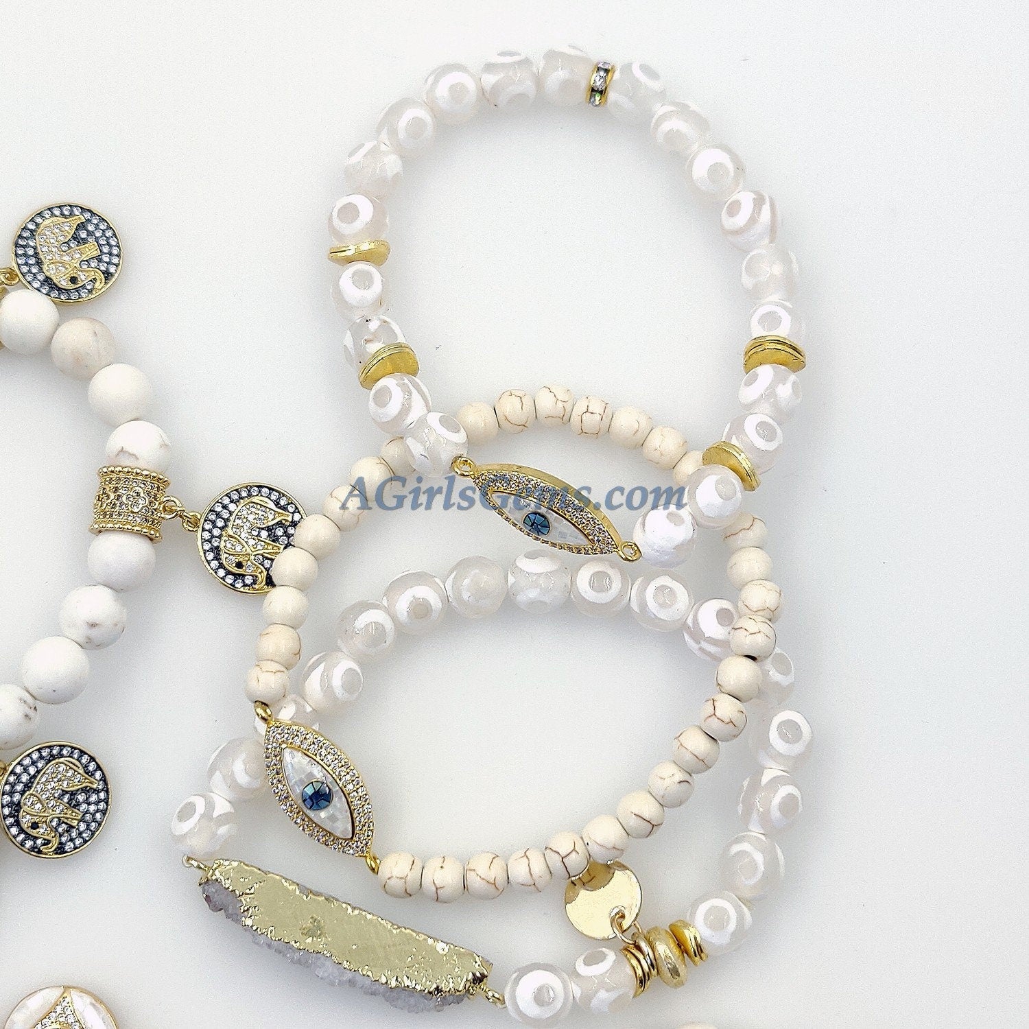 Evil Eye Beaded Bracelets, White Turquoise Howlite Yoga 6 mm or 8 mm Boho Bracelet Stack, Stretchy Bracelet