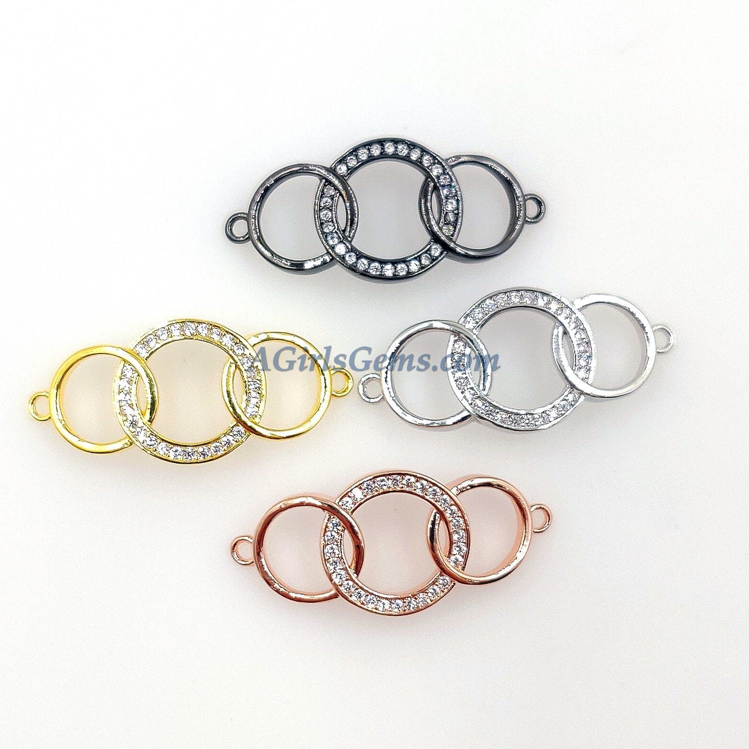 CZ Micro Pave Bracelet Bar Charm Connector, Long Bar 18 k Rose Gold/Silver/Gold/Black Rhodium Plated Curved 2 Loop Circles Jewelry Findings