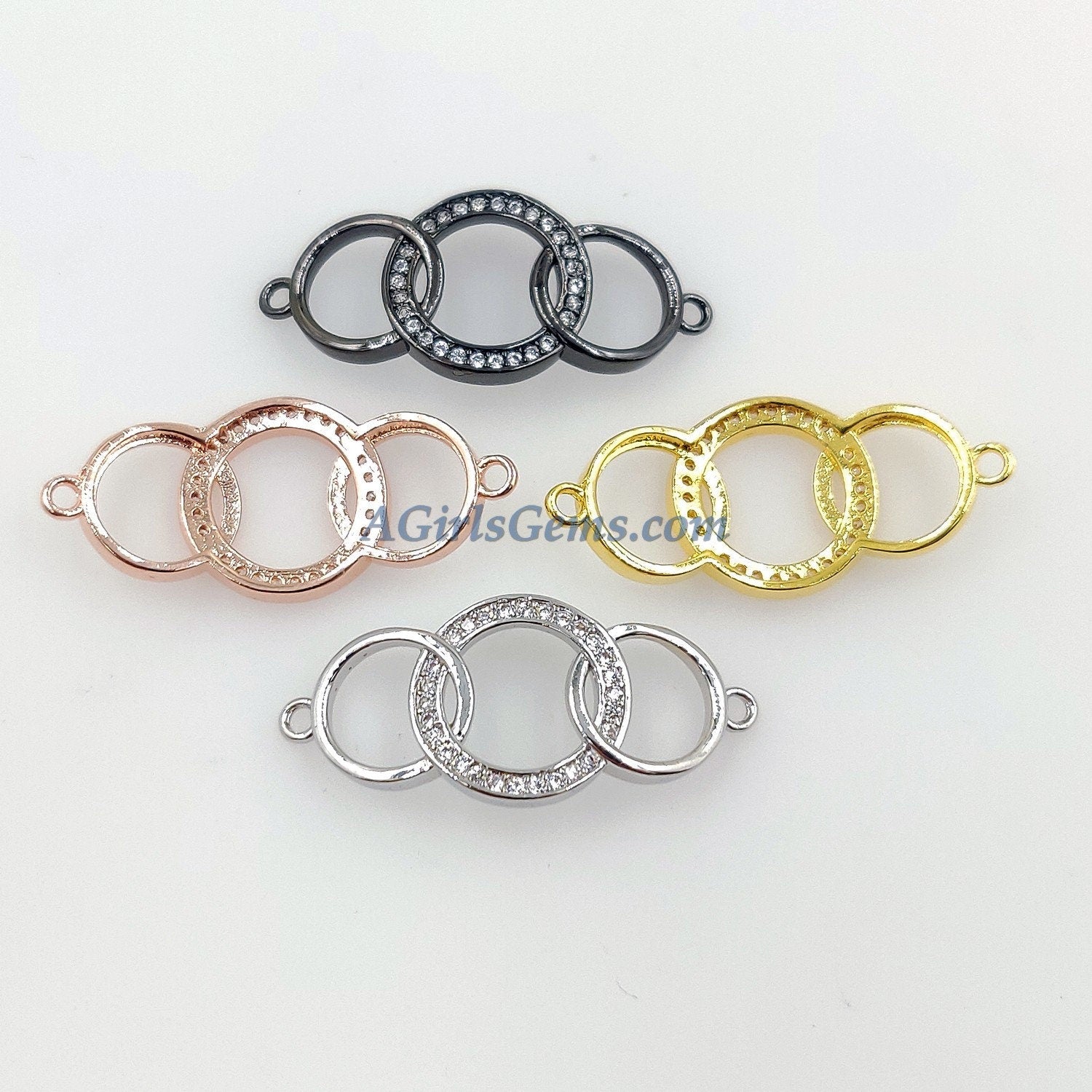 CZ Micro Pave Bracelet Bar Charm Connector, Long Bar 18 k Rose Gold/Silver/Gold/Black Rhodium Plated Curved 2 Loop Circles Jewelry Findings