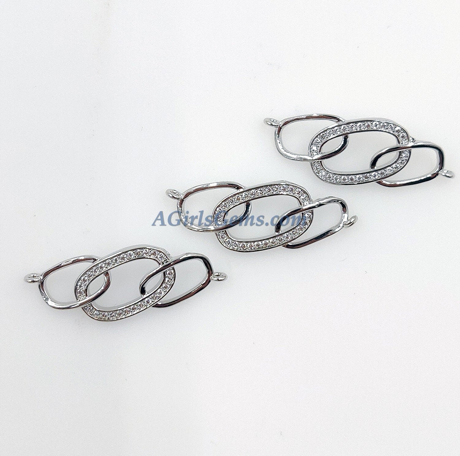 CZ Micro Pave Bar Charm Connector, Long Bracelet Bar 18 k Rose Gold/Silver/Gold/Black Rhodium Square Curved 2 Loop Oval Jewelry Findings