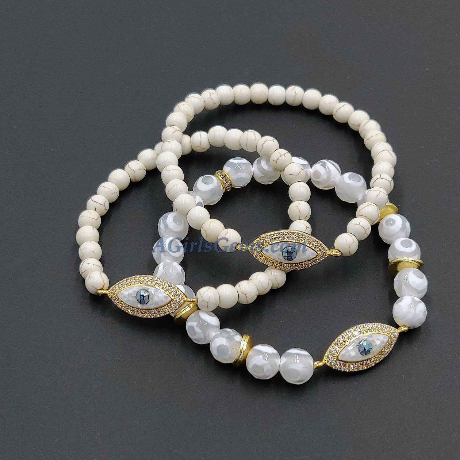 Evil Eye Beaded Bracelets, White Turquoise Howlite Yoga 6 mm or 8 mm Boho Bracelet Stack, Stretchy Bracelet