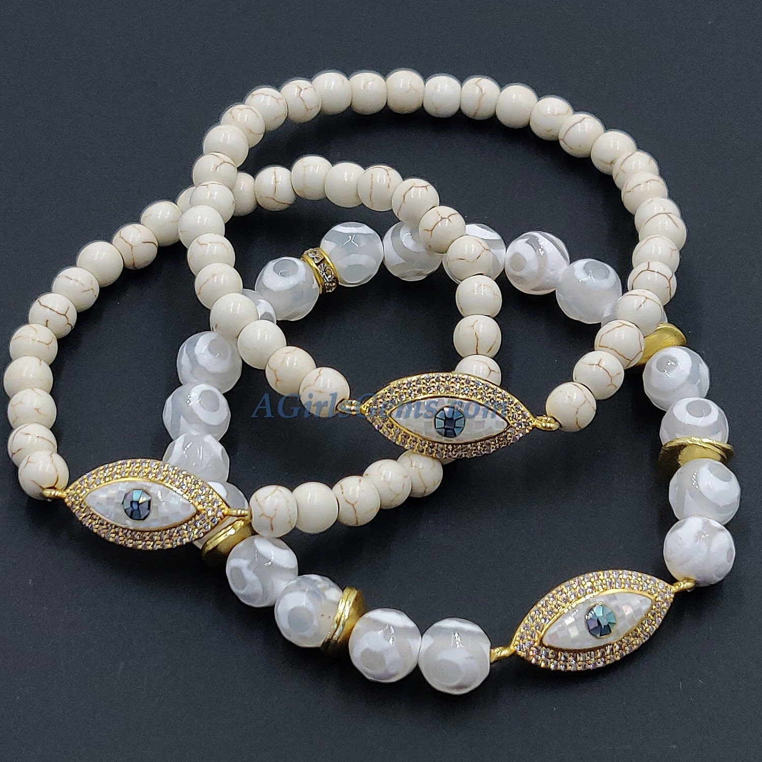 Evil Eye Beaded Bracelets, White Turquoise Howlite Yoga 6 mm or 8 mm Boho Bracelet Stack, Stretchy Bracelet