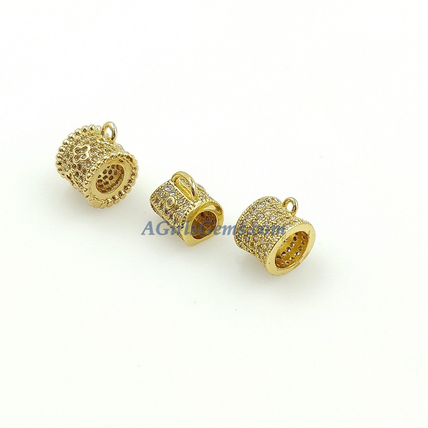 CZ Micro Pave Bail Bead, Gold or Silver Round Connector Tube Charm Pendant Holders #133, Clover Big Large Hole with Loop