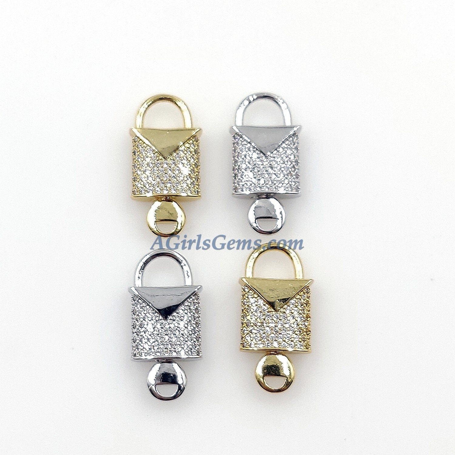 CZ Micro Pave Lock and Key Connectors, 18 k Gold Plated 11 x 24 mm, Silver Lock Key Charms