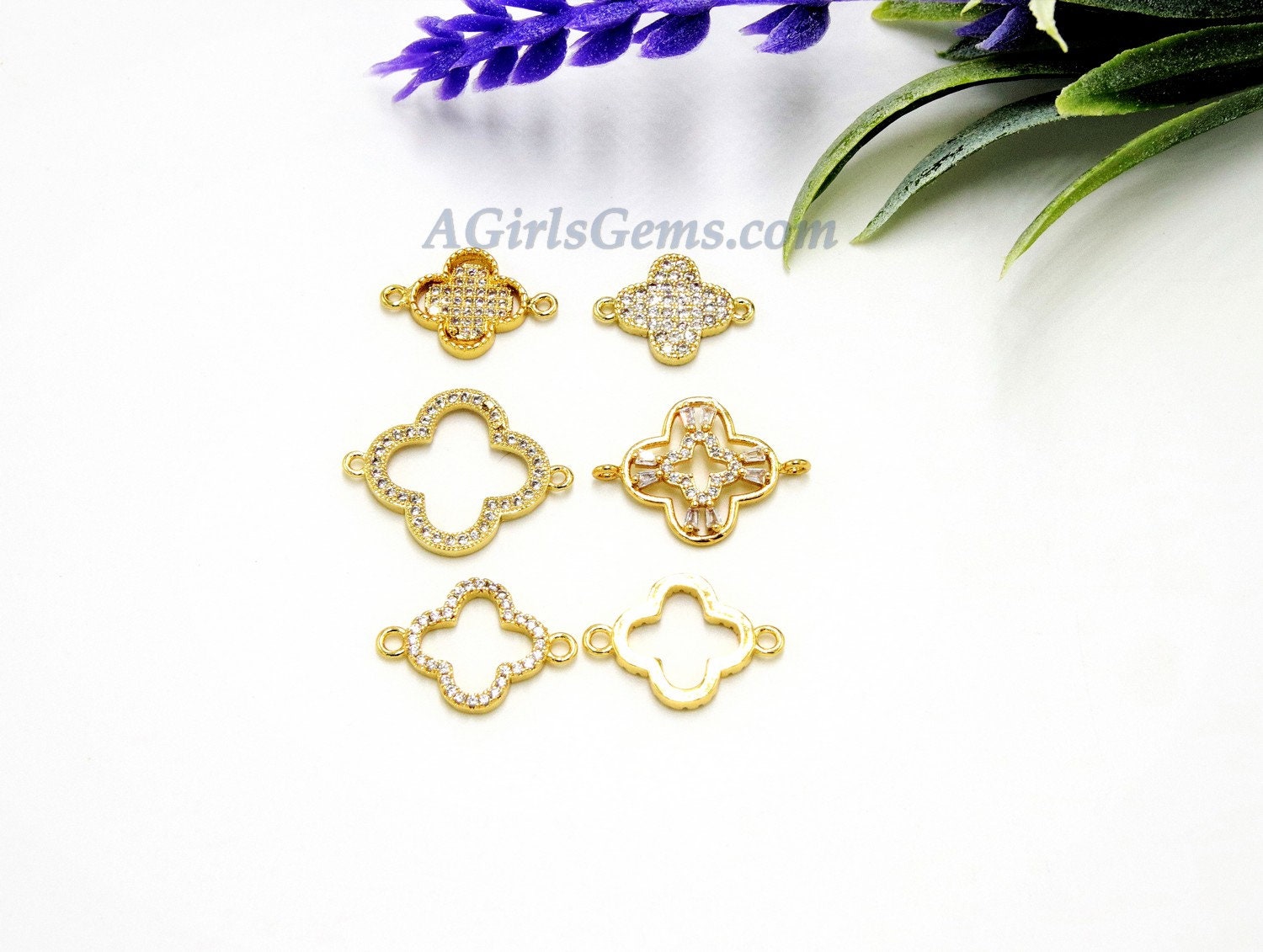 CZ Micro Pave Clover Connector Charm, 18 K Rose/Silver/Gold/Black Rhodium Plated, 10 x 15 mm Tiny Quatrefoil Cubic Zirconia Connectors