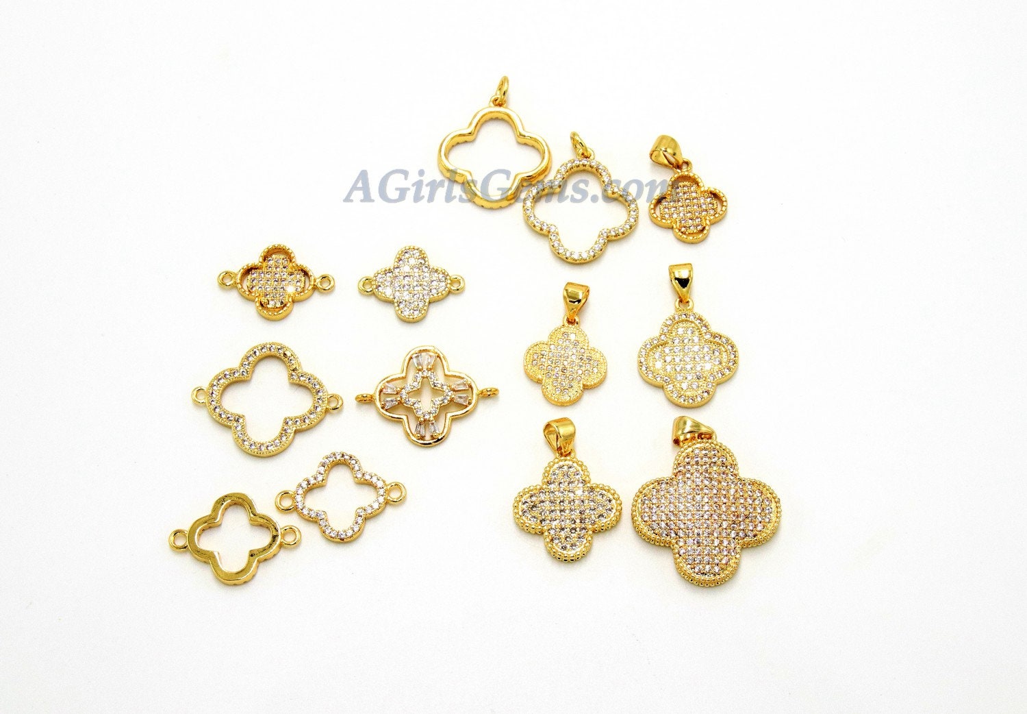 CZ Micro Pave Clover Connector Charm, 18 K Rose/Silver/Gold/Black Rhodium Plated, 10 x 15 mm Tiny Quatrefoil Cubic Zirconia Connectors