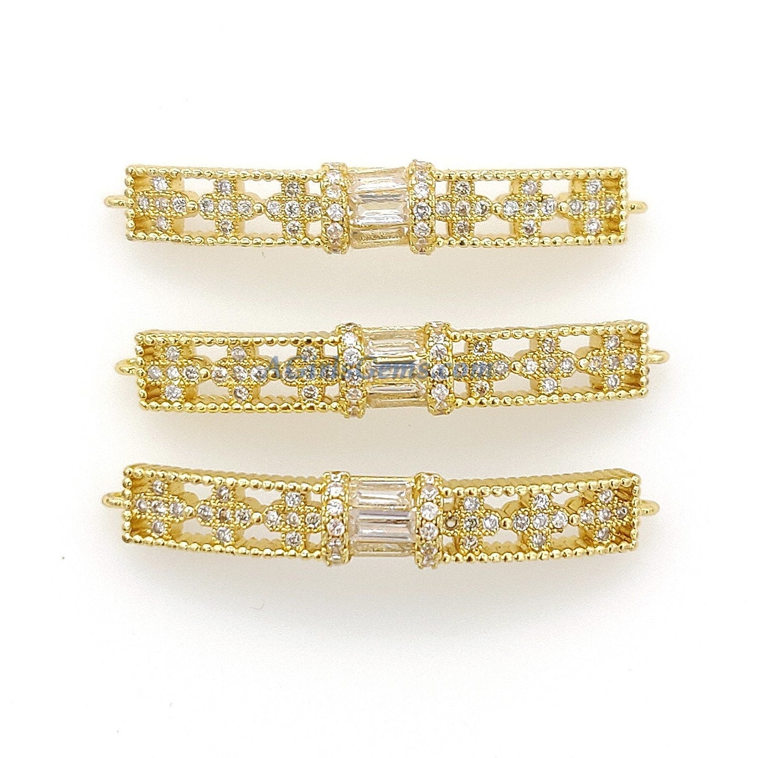 CZ Micro Pave Long Bar Connectors, Dainty Gold Plated Bracelet Links, Baguettes