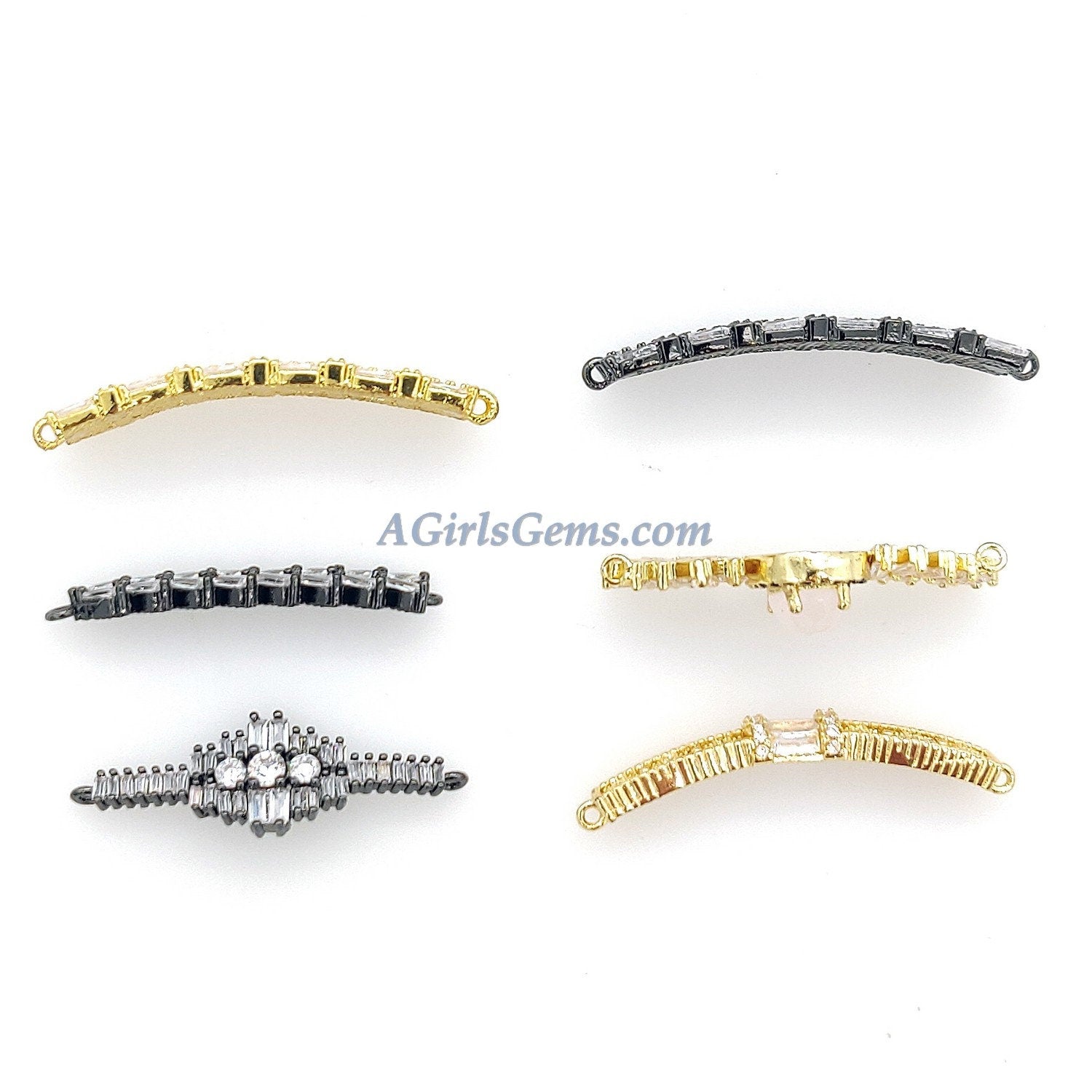 CZ Micro Pave Long Bar Connectors, Dainty Gold Plated Bracelet Links, Baguettes