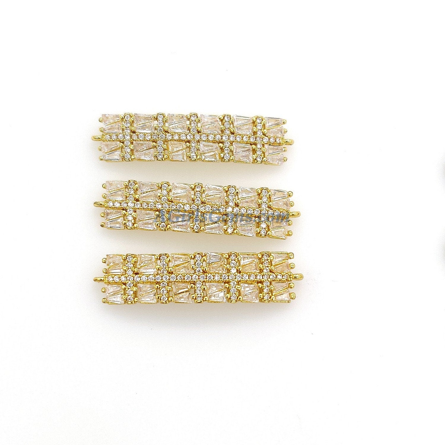 CZ Micro Pave Long Bar Connectors, Dainty Gold Plated Bracelet Links, Baguettes