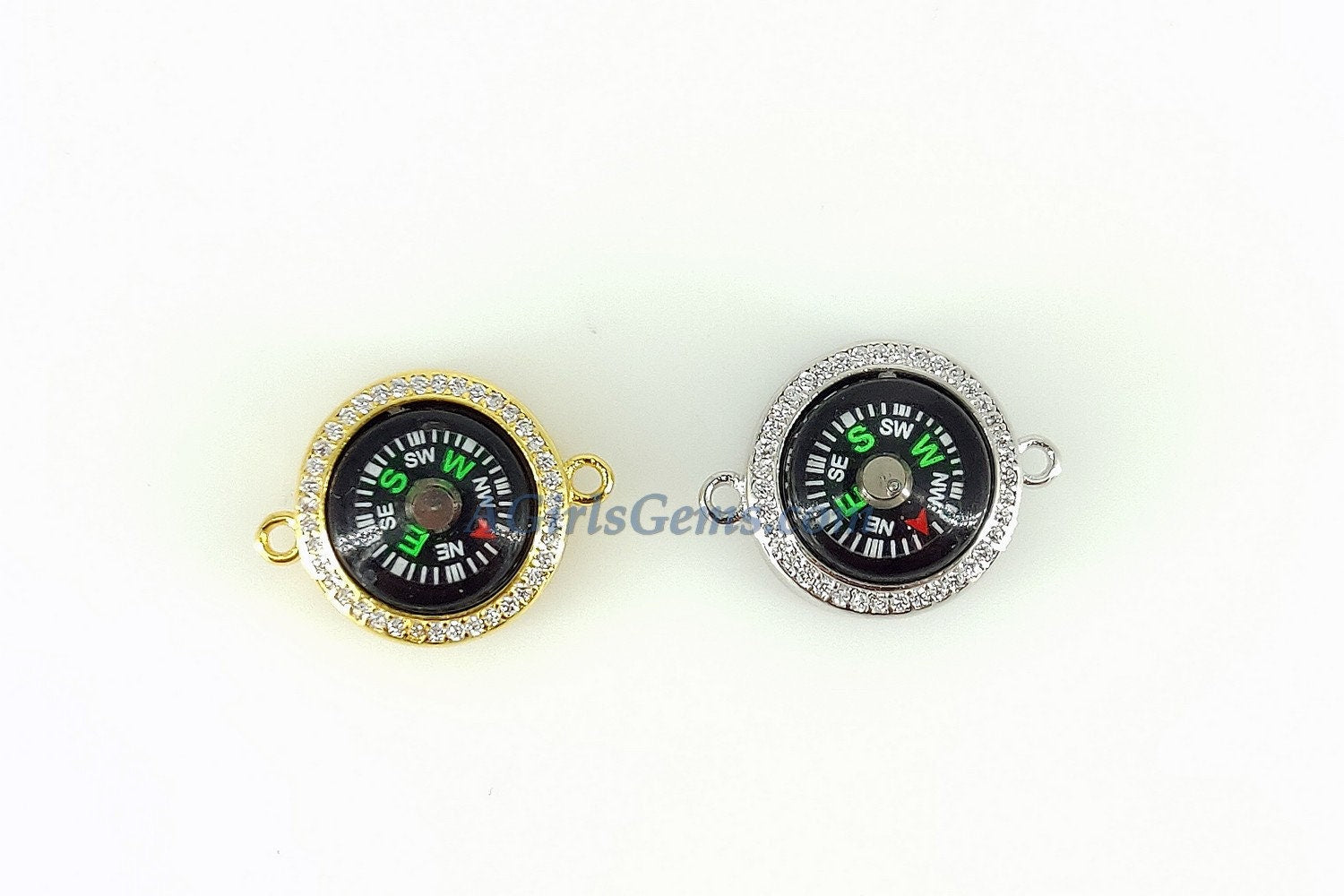 CZ Micro Pave Compass Connectors, Gold Charms for Bracelets, Silver Direction His/Her Jewelry