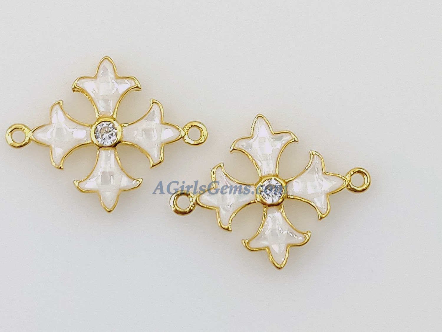 Crusader Cross Connectors, CZ Micro Pave Gold Plated White Shell #417, Maltese Cross Link