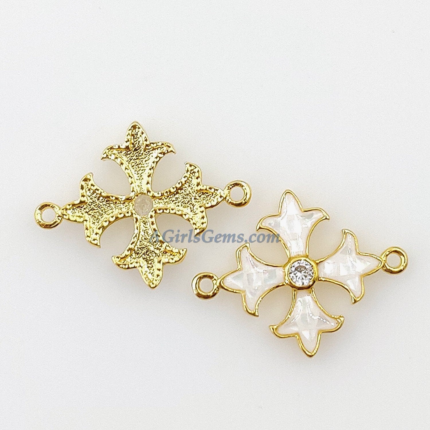 Crusader Cross Connectors, CZ Micro Pave Gold Plated White Shell #417, Maltese Cross Link