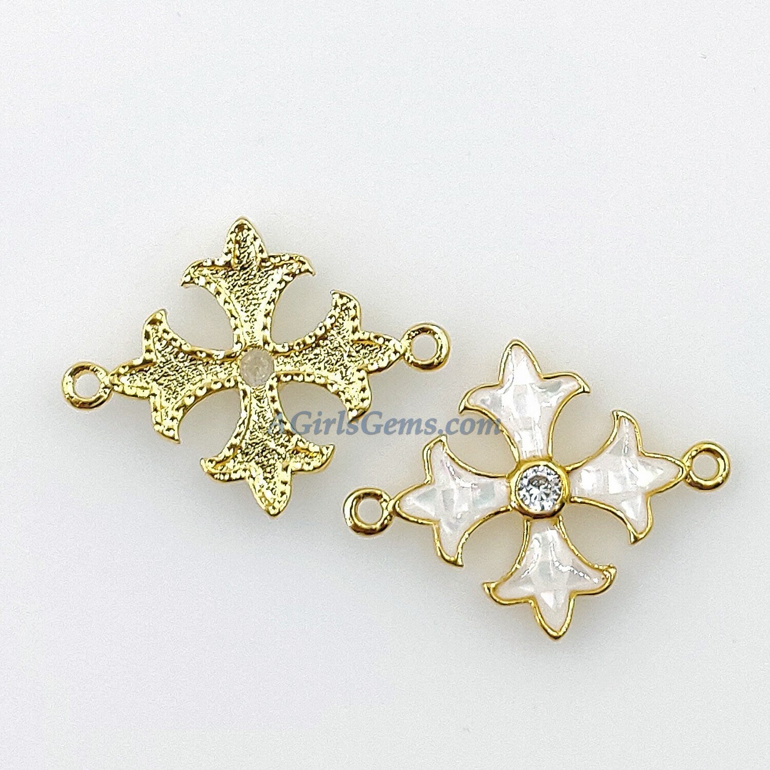 Crusader Cross Connectors, CZ Micro Pave Gold Plated White Shell #417, Maltese Cross Link