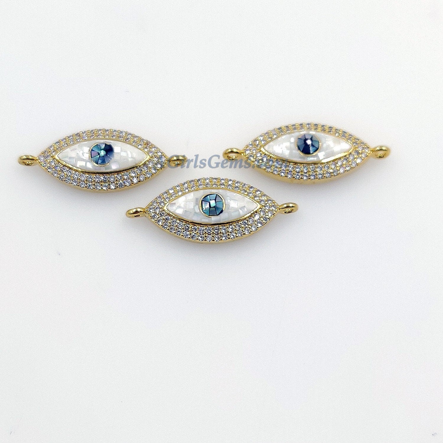 Evil Eye Connector, CZ Micro Pave Gold Shell White Evil Eye Protection Jewelry, Mother of Pearl Evil Eye Charms
