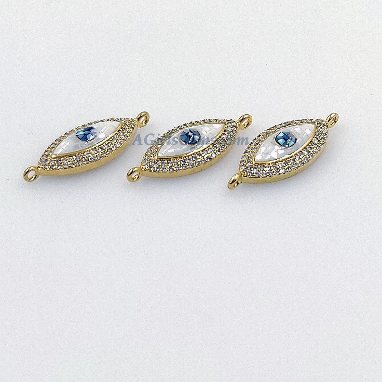 Evil Eye Connector, CZ Micro Pave Gold Shell White Evil Eye Protection Jewelry, Mother of Pearl Evil Eye Charms