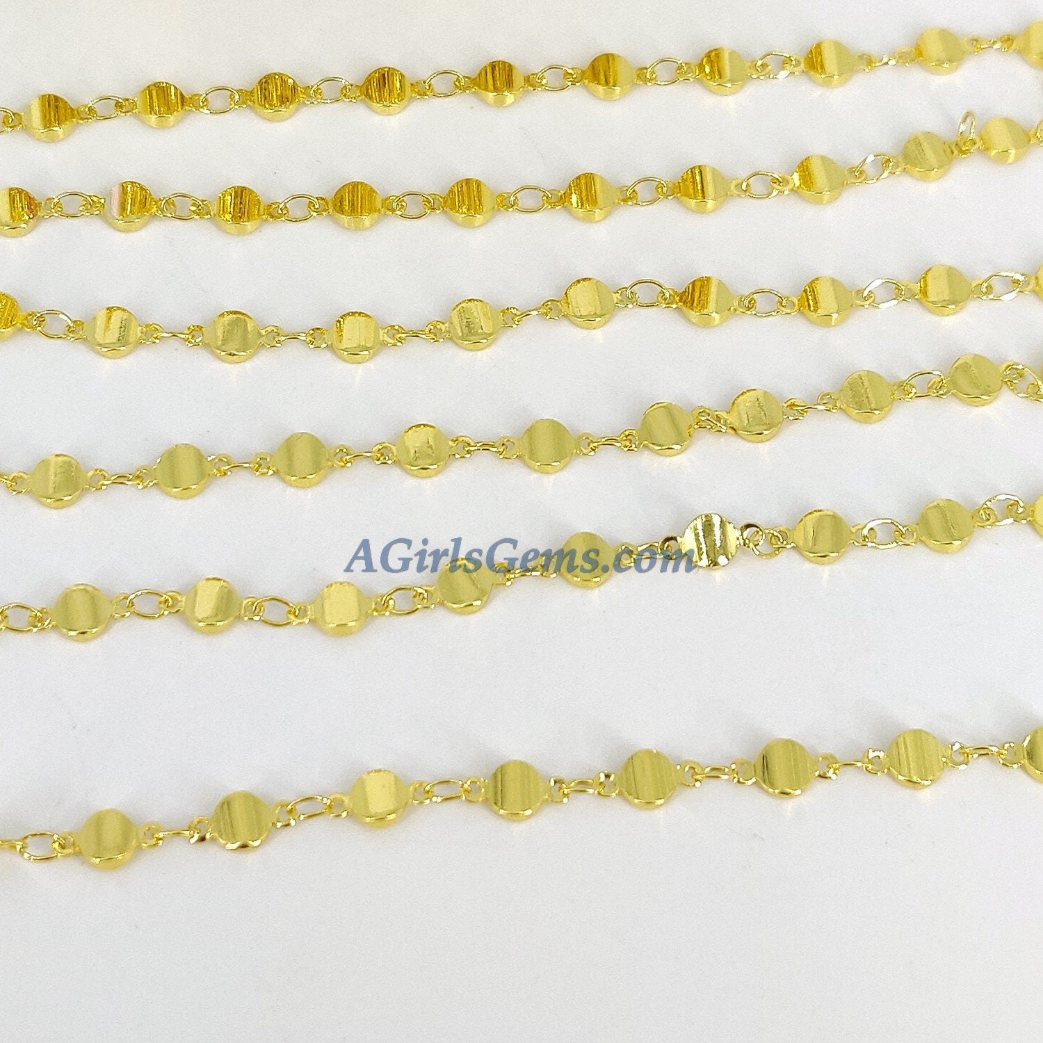 Silver Beaded Rosary Chain, Jewelry 4 mm Oblong Oval Metal Beaded Flat Moroccan Style Beads CH #228, Soldered Links Gold/Silver Plated
