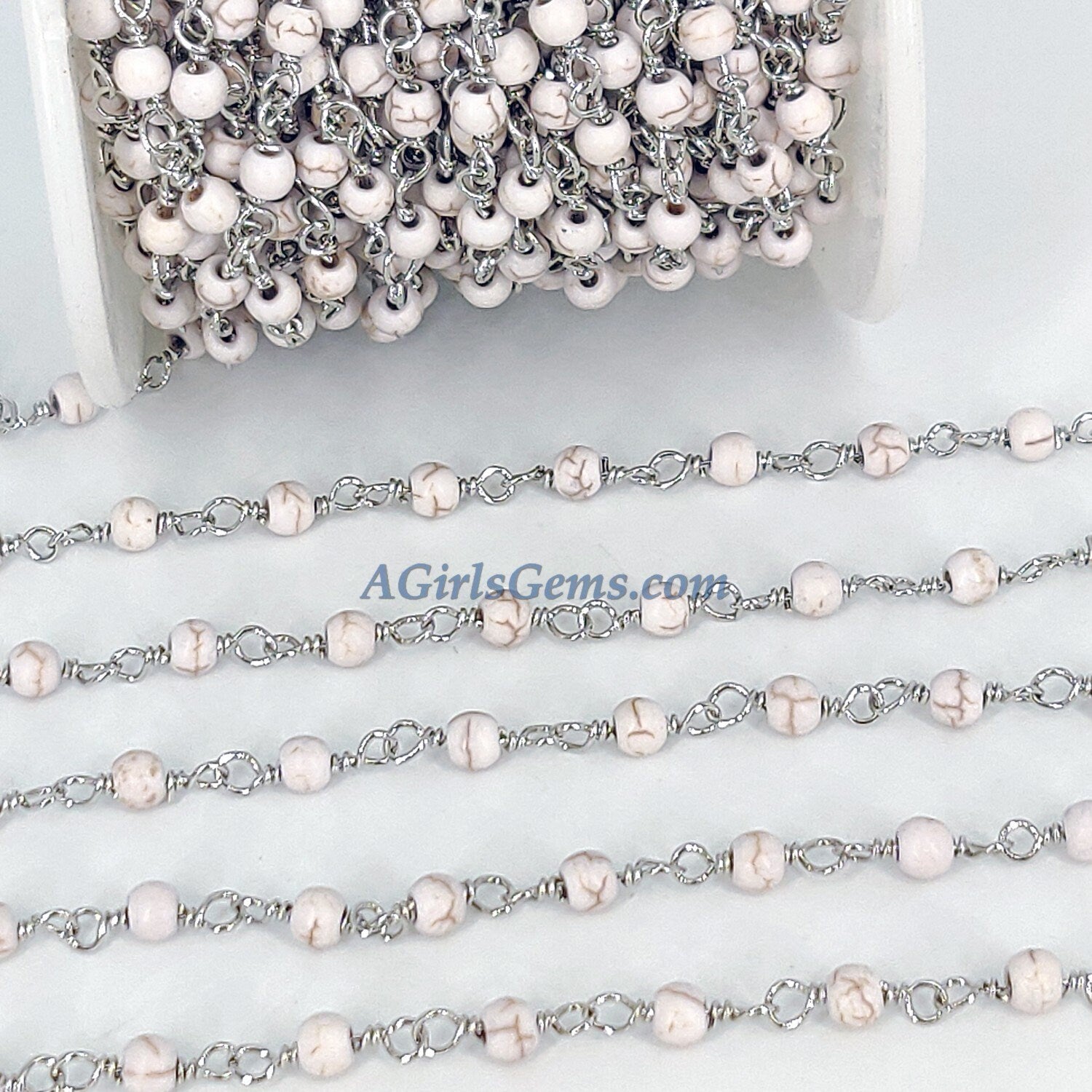 Turquoise Rosary Silver Chain, 4 mm White Cream Wire Wrapped CH #362, Rondelle Howlite Chains