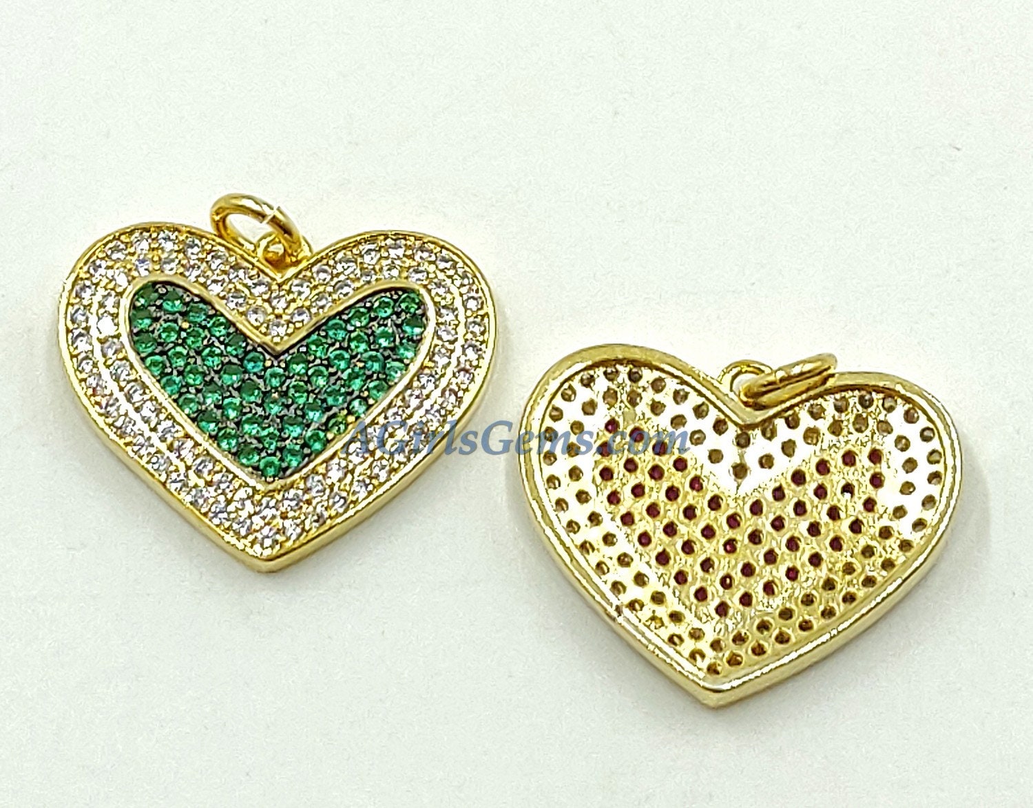 CZ Micro Pave Blue Heart Charms, Gold Emerald Green Hearts Pendants, AG 442