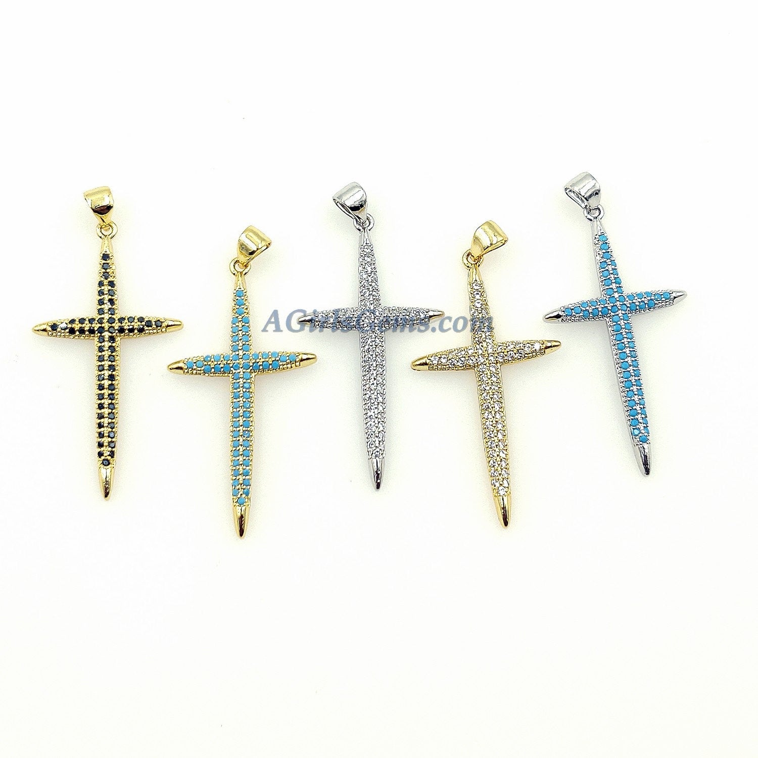 CZ Pave Gold Cross Charms, Silver Blue Turquoise Charms #448, Black Pave Cross for Necklace