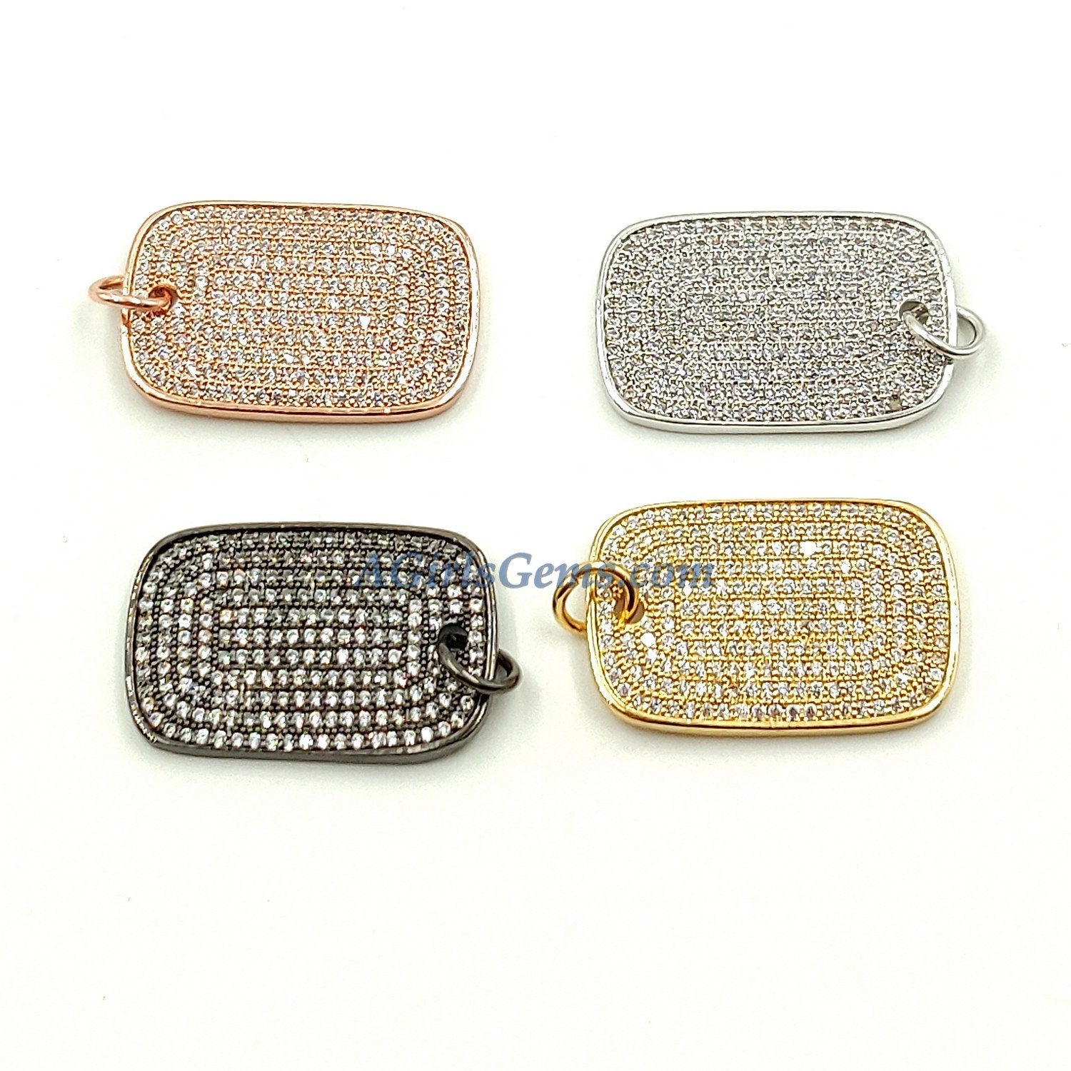 Mini Dog Tag Charms, Tiny CZ Pave Rectangle Rose Gold #934, Gold