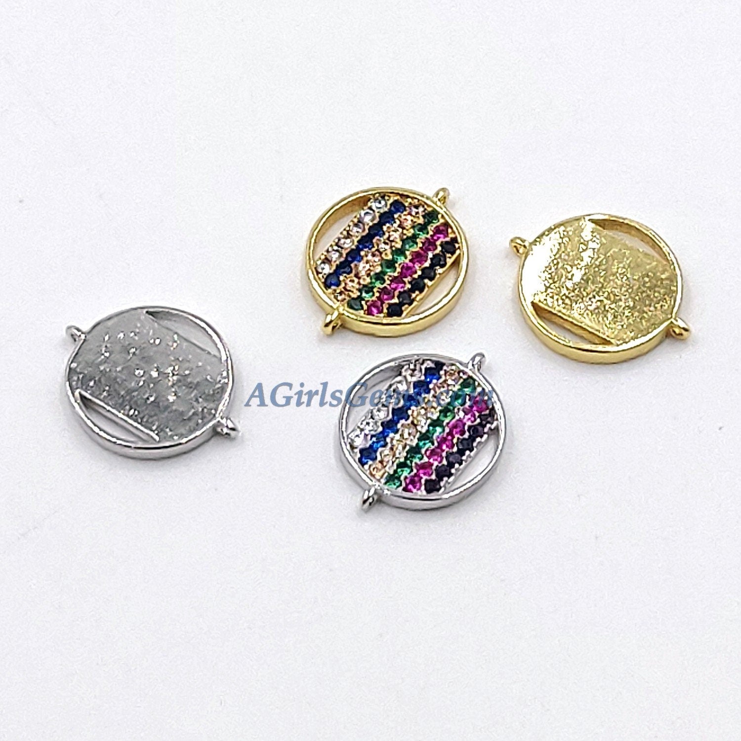 Small Round Disc Pendant, CZ Micro Pave Gold Silver Rainbow Cubic Zirconia CZ Pride Lgbt Jewelry, Earrings