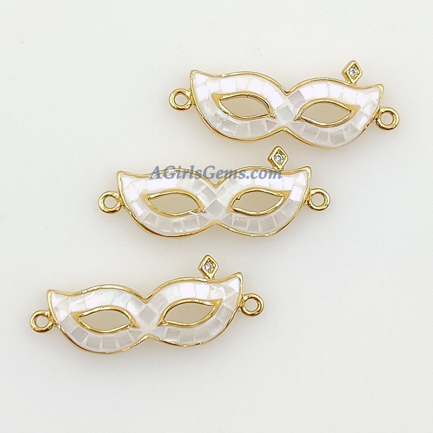 CZ Micro Pave Mardi Gras Connector, Gold Black Masquerade Shell New Orleans Mask Charms, Necklace