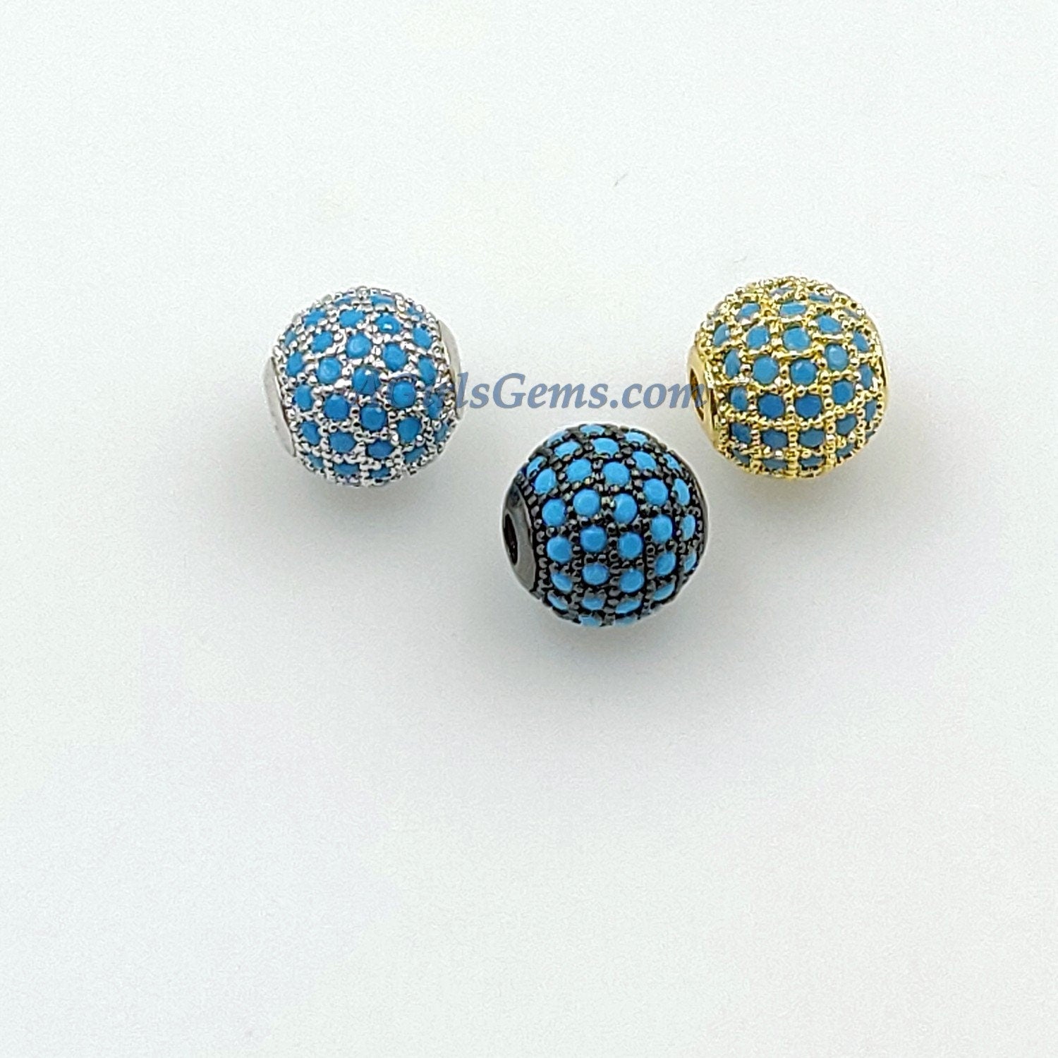 CZ Micro Pave Turquoise Pave Round Balls, Silver Rhodium Plated 8 mm #2677, 10 mm Stone Beads Blue Zircons Crystal Focal Beads