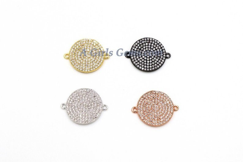 CZ Micro Pave Round Disc Pendant, 18 k Gold 10 mm Connectors Circle, Silver Clear Cubic Zirconia Earring Components