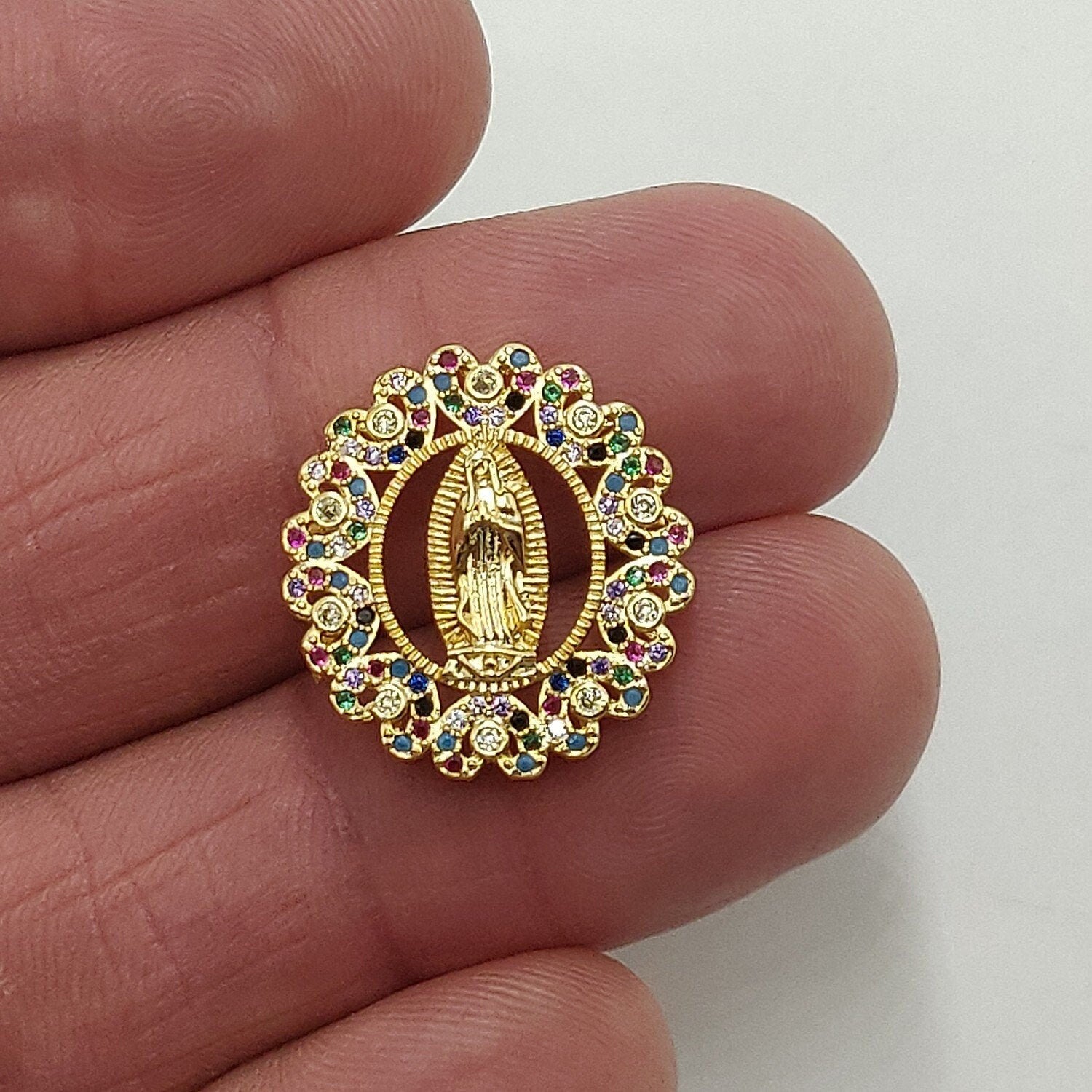 Gold Jesus Virgin Mary Charms, #598, CZ Micro Pave Connector Beads or Slide Bead Pendants