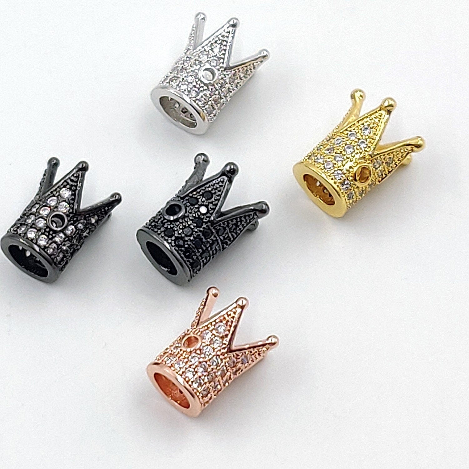CZ Micro Pave Crown Shaped Beads, Aquamarine King Crown Spacer for Beaded Bracelets Necklaces, Gold