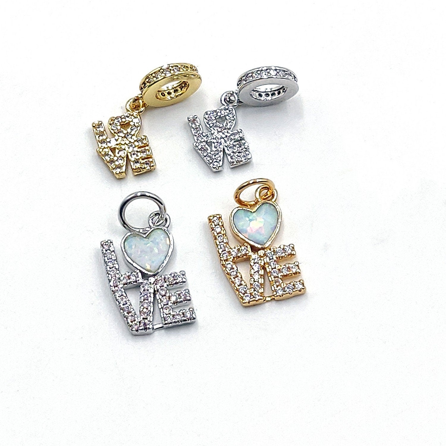 Tiny Opal I Love You Charms, Gold CZ Micro Pave Large Hole Bail Rings, Silver Big Hole LOVE Bracelets