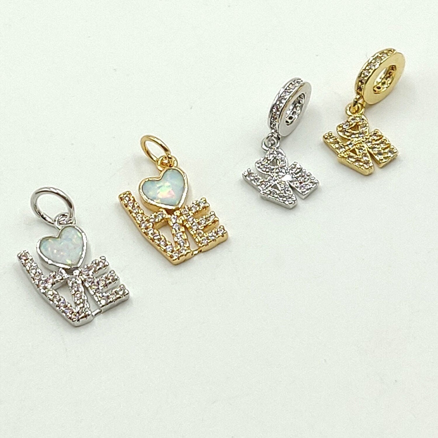 Tiny Opal I Love You Charms, Gold CZ Micro Pave Large Hole Bail Rings, Silver Big Hole LOVE Bracelets