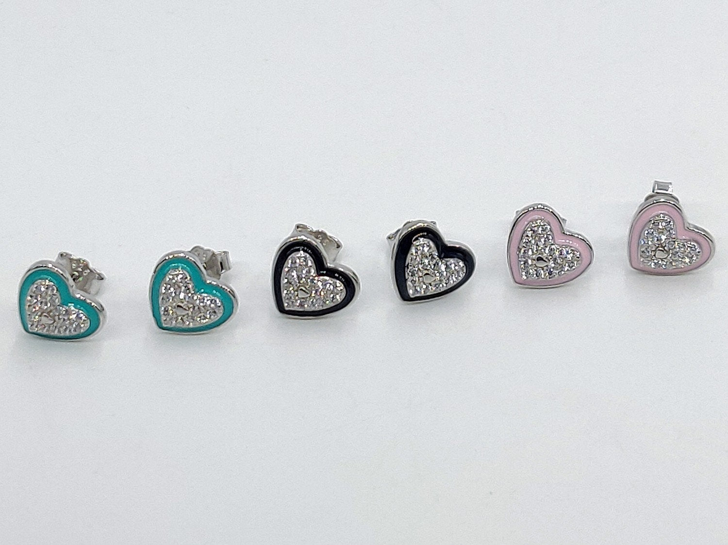 CZ Pave Silver Enamel Heart Earrings, 925 Sterling 10 mm Studs #3137, Aqua