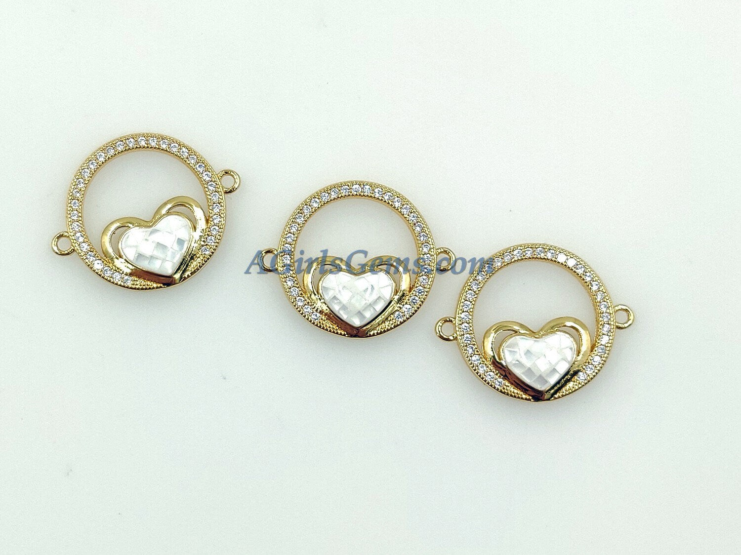 CZ Micro Pave Heart Connectors, Round White Pink Shell Love Charm Beads, 18 K Gold Plated Sacred Charms Link for Bracelets/Rosary Necklaces