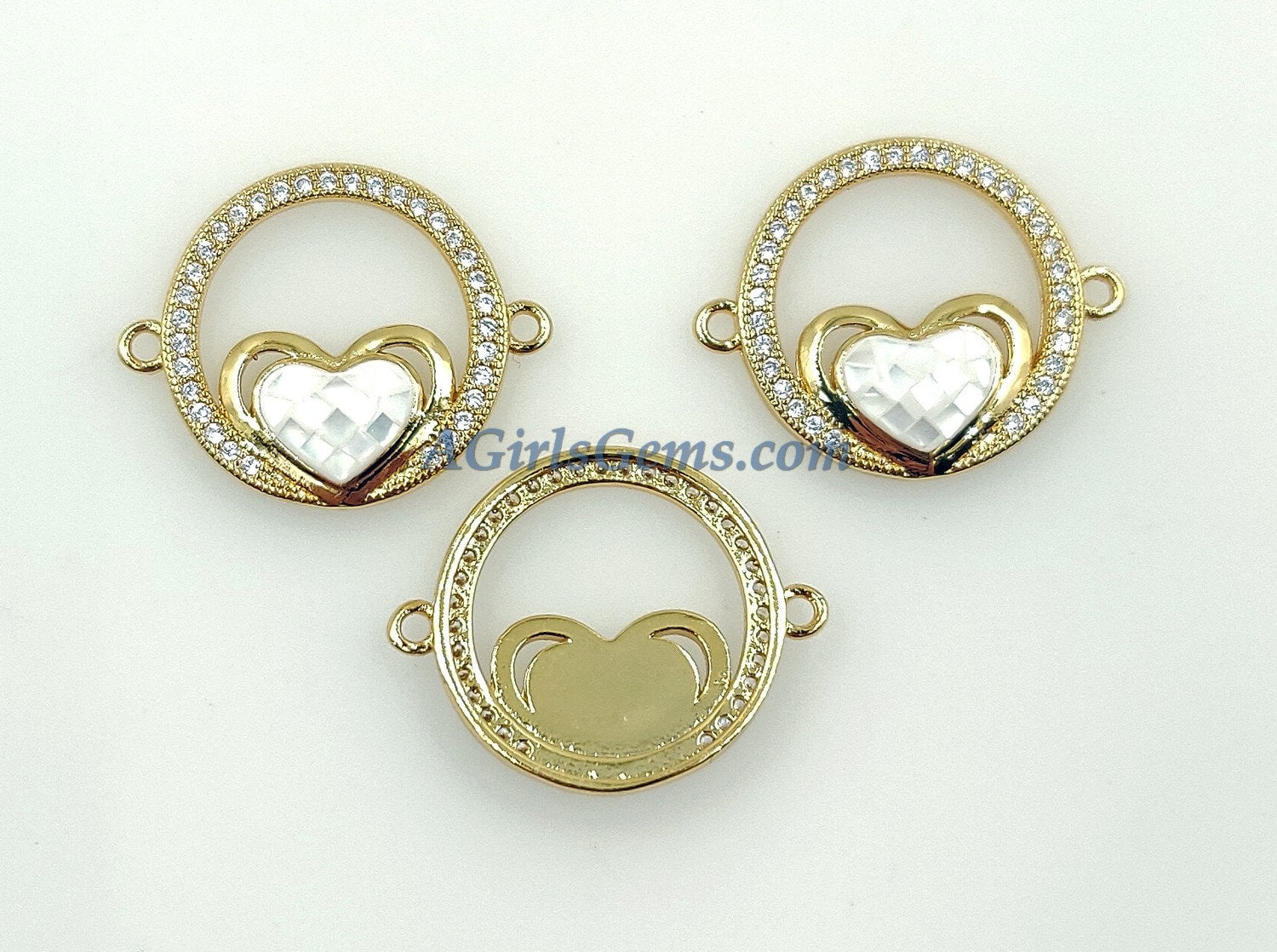CZ Micro Pave Heart Connectors, Round White Shell Love Charm Beads, 18 K Gold Plated Sacred Charms Link for Bracelets/Rosary Necklaces