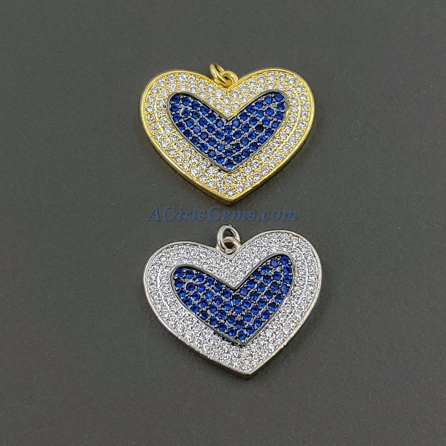 CZ Micro Pave Blue Heart Charms, Gold Emerald Green Hearts Pendants, AG 442