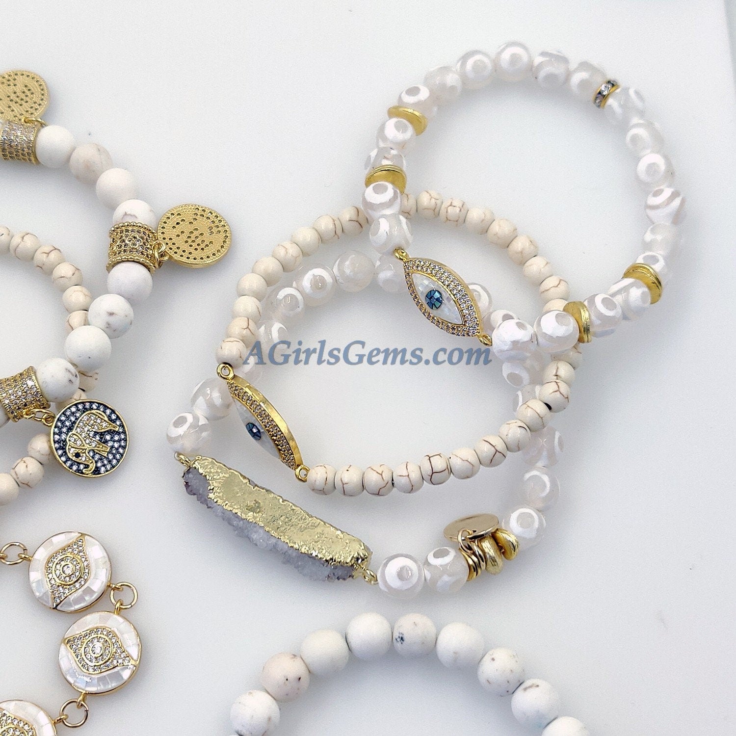 Evil Eye Beaded Bracelets, White Turquoise Howlite Yoga 6 mm or 8 mm Boho Bracelet Stack, Stretchy Bracelet