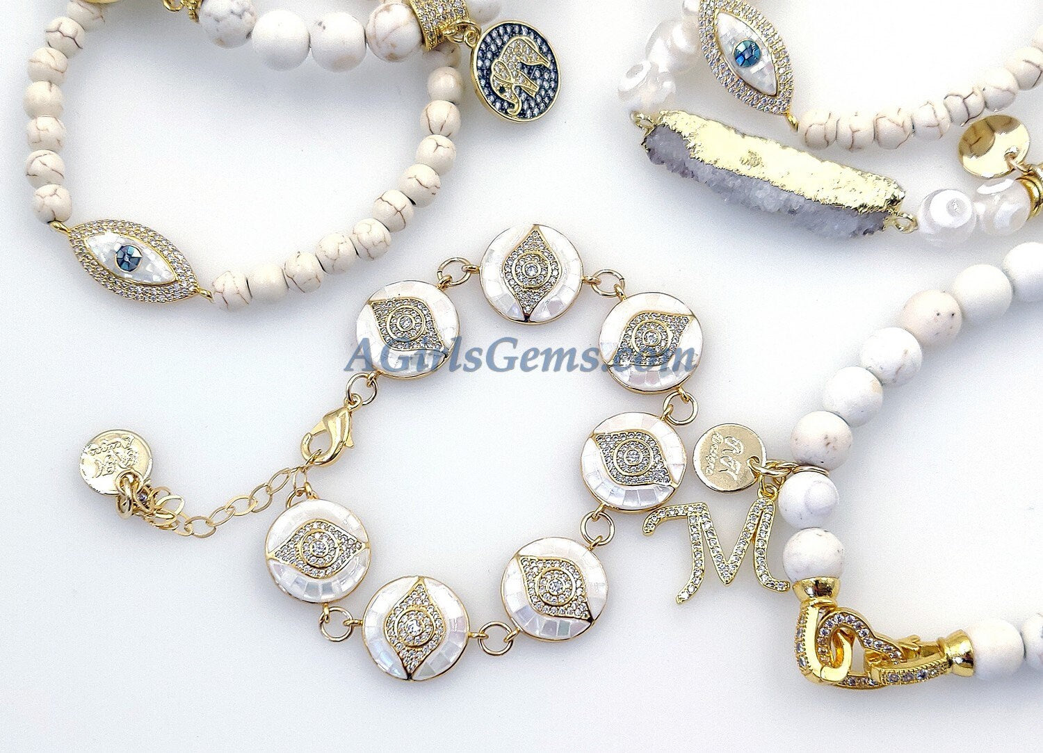 Evil Eye Beaded Bracelets, White Turquoise Howlite Yoga 6 mm or 8 mm Boho Bracelet Stack, Stretchy Bracelet