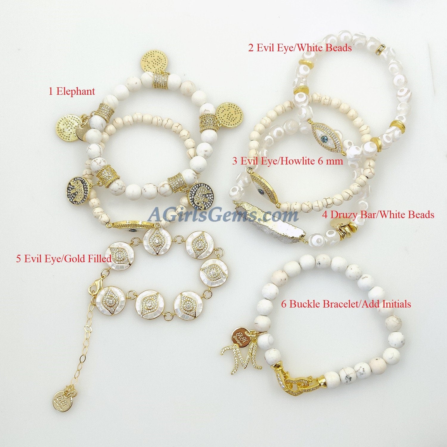 Evil Eye Beaded Bracelets, White Turquoise Howlite Yoga 6 mm or 8 mm Boho Bracelet Stack, Stretchy Bracelet