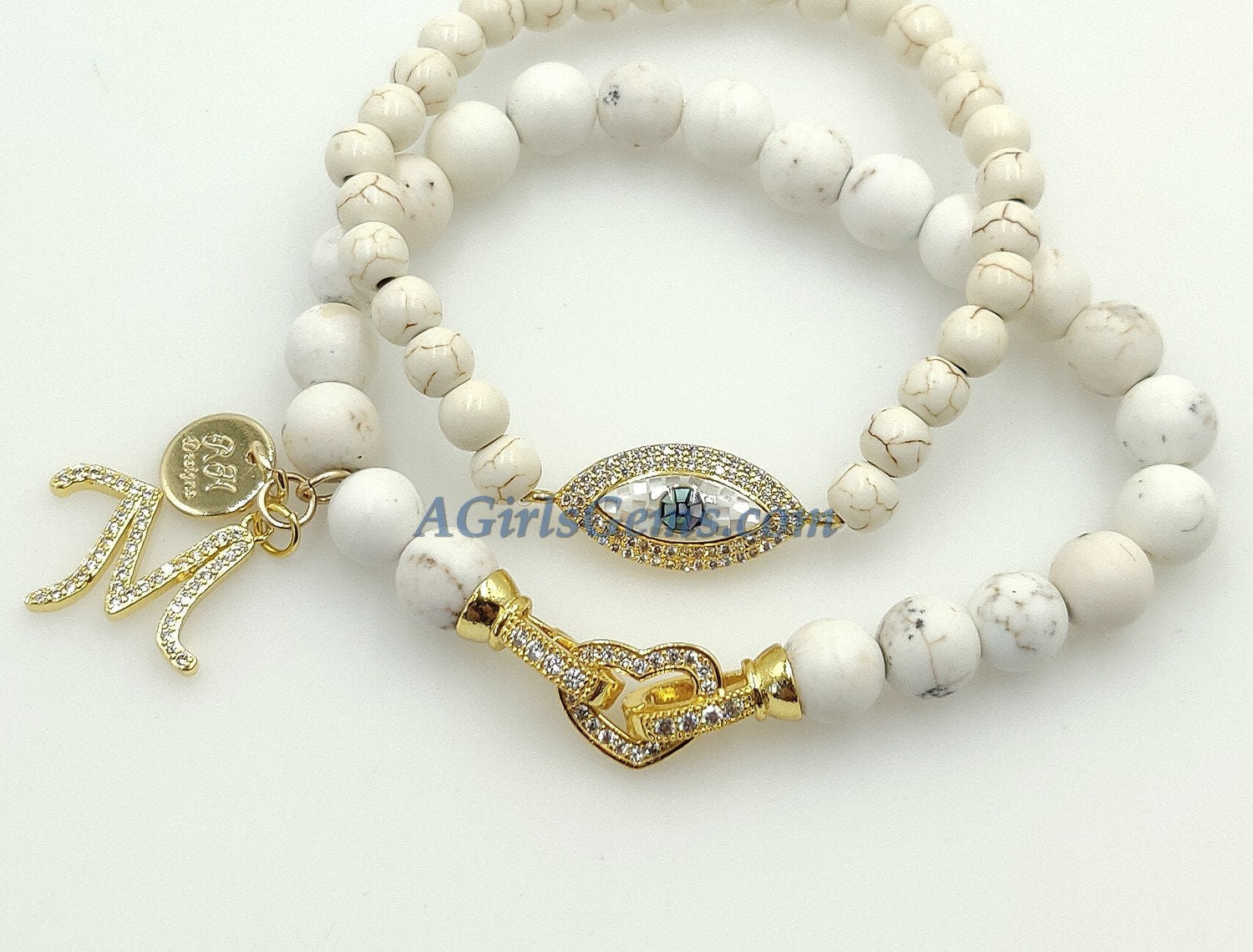 Evil Eye Beaded Bracelets, White Turquoise Howlite Yoga 6 mm or 8 mm Boho Bracelet Stack, Stretchy Bracelet