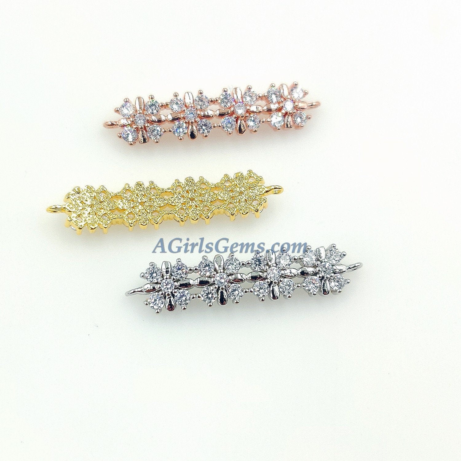 CZ Micro Pave Flower Bar Bracelet Connectors, 18 K Rose/Gold/Silver Plated Long Link Stations, Bridesmaids Findings Party Jewelry Gifts