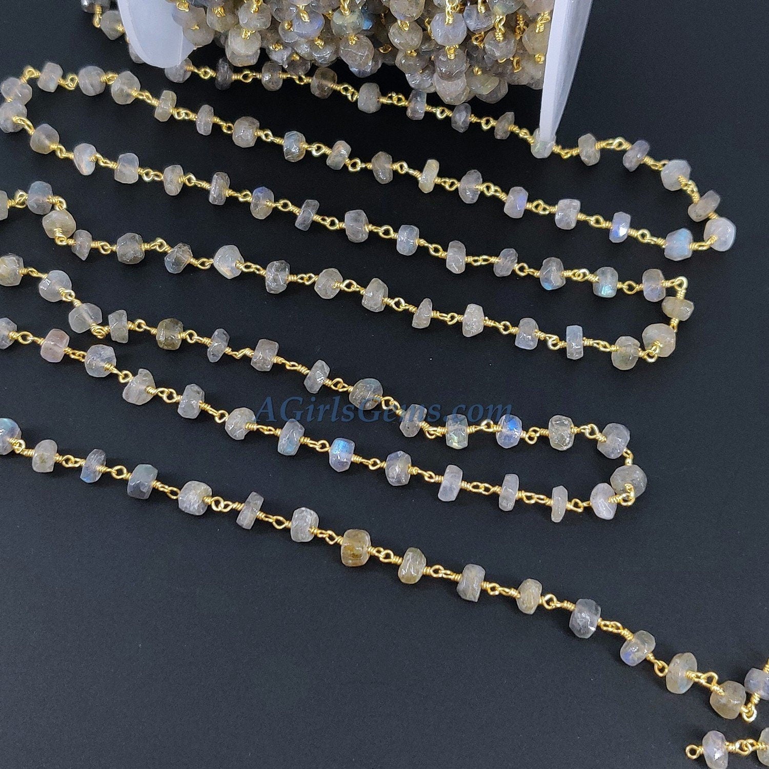 Labradorite Flash Gemstone Beaded Rosary, 6 mm Gold Wrapped Chains CH #339, Boho Beaded Rondelle