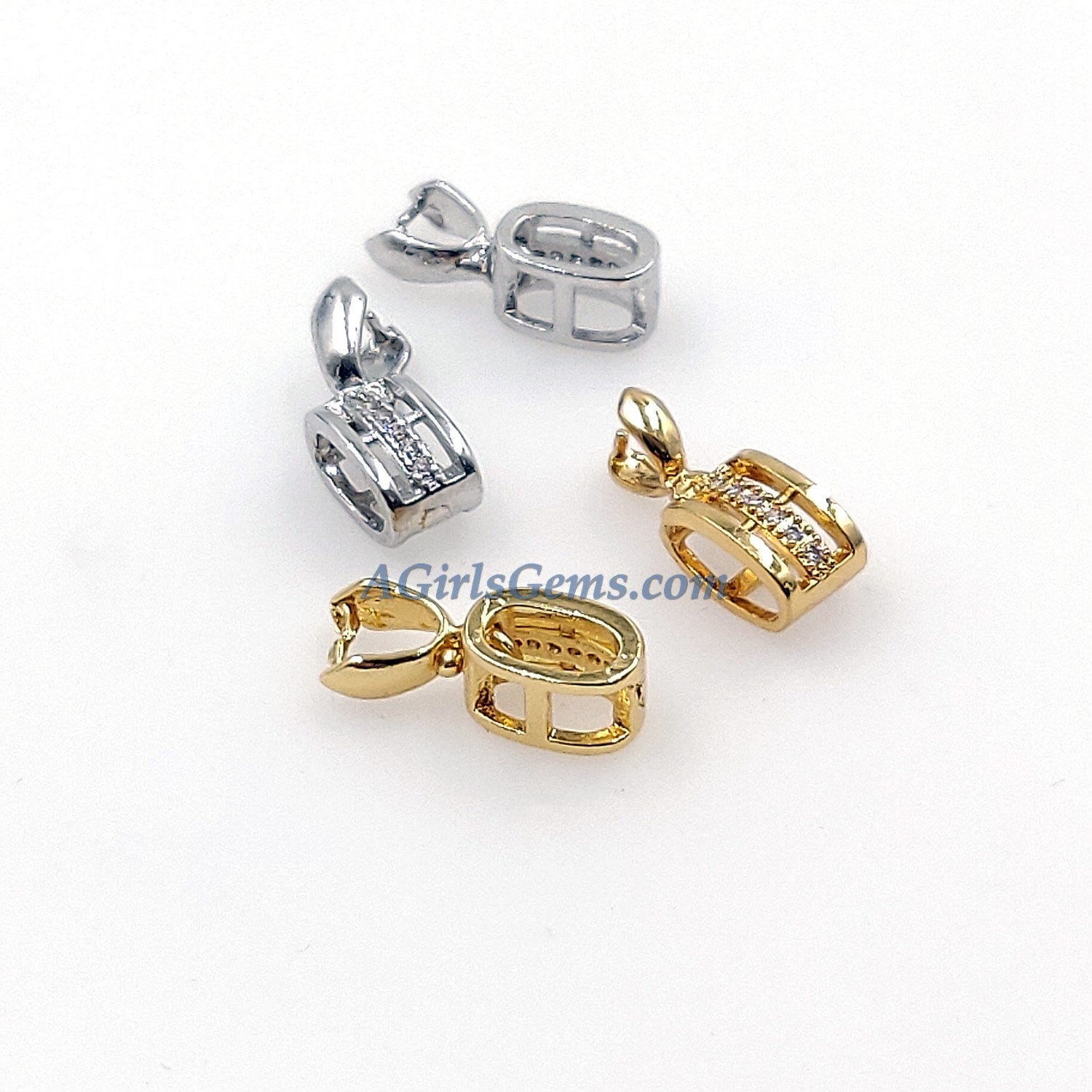 CZ Pave Gold Pinch Bails, Silver Plated Ice Pick Copper Bails, 5 x 18 mm Pendants Charms Necklace DIY Jewelry Findings