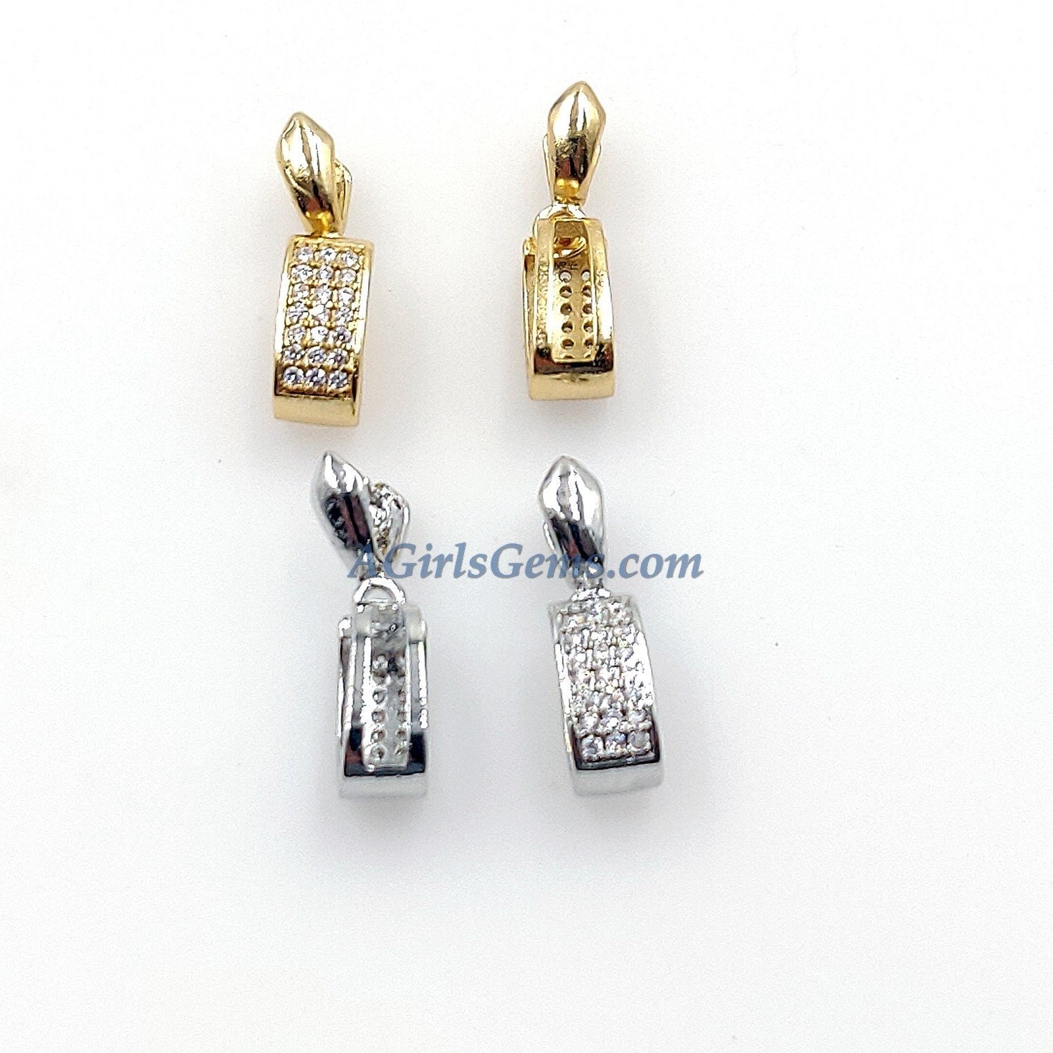 CZ Pave Gold Pinch Bails, Silver Plated Ice Pick Copper Bails, 5 x 18 mm Pendants Charms Necklace DIY Jewelry Findings