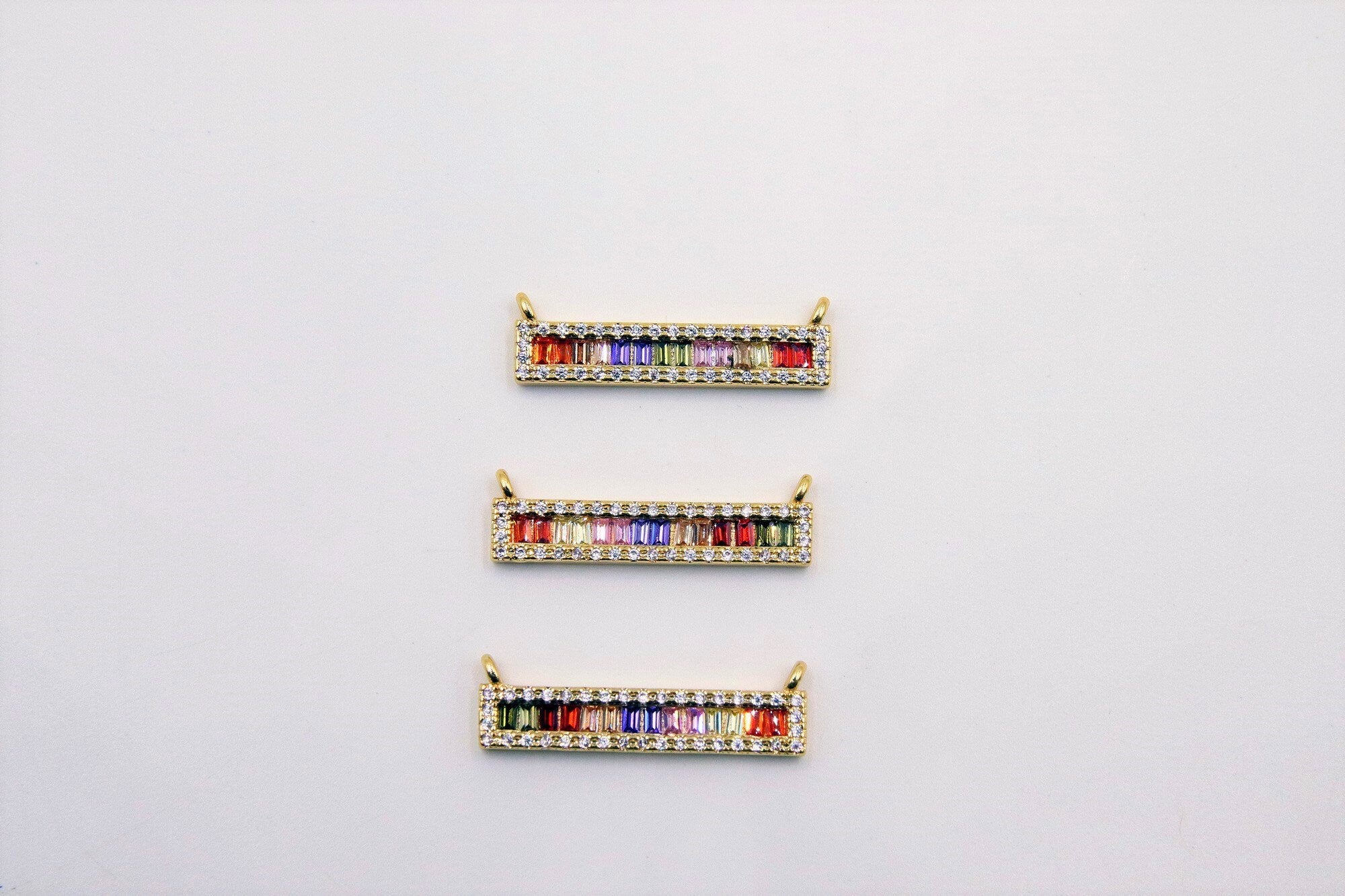 Long Bar Connector, CZ Micro Pave Gold Rainbow Bar Stick, LGBT Pride Minimalist Links