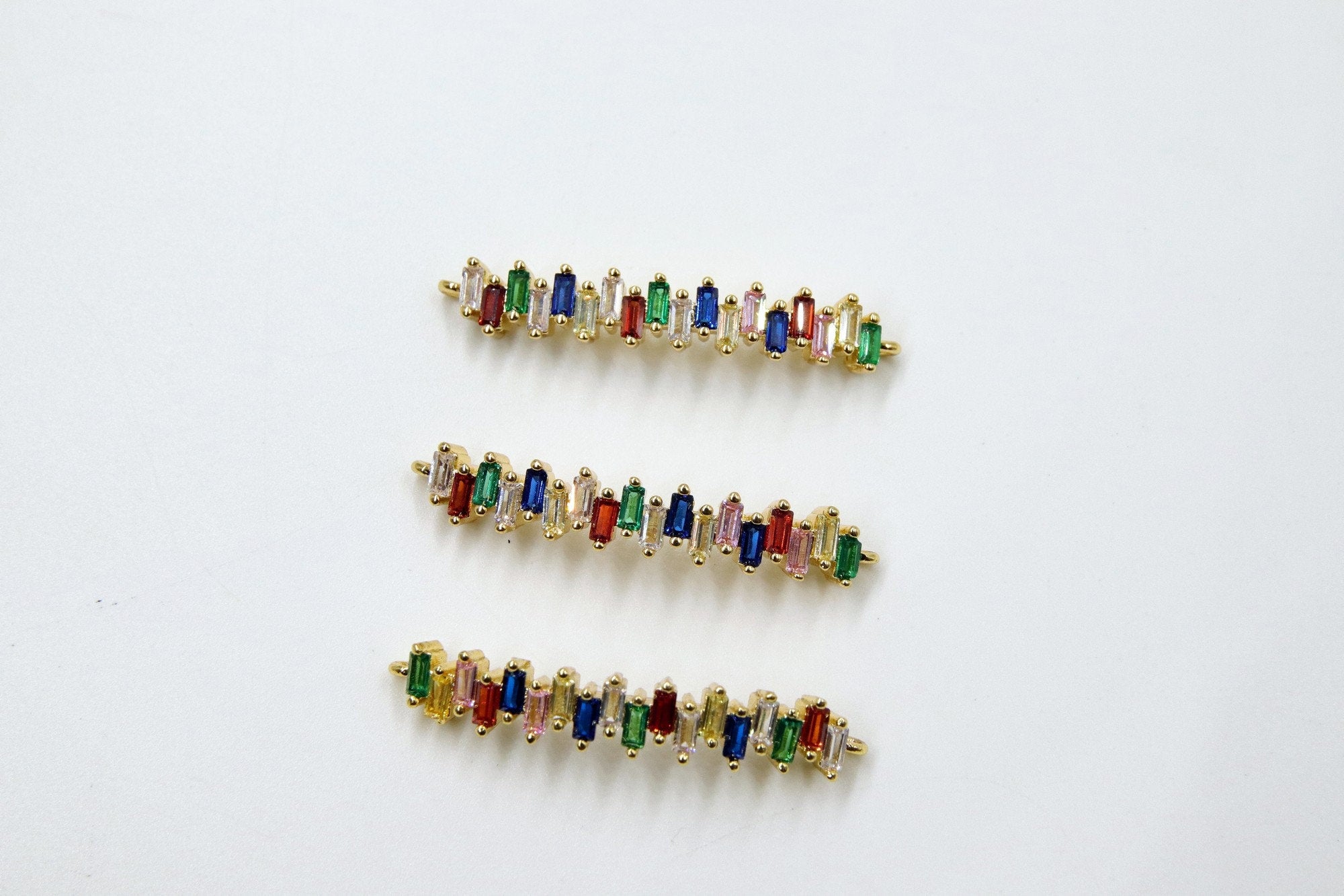 Long Bar Connector, CZ Micro Pave Gold Rainbow Bar Stick, LGBT Pride Minimalist Curved Links