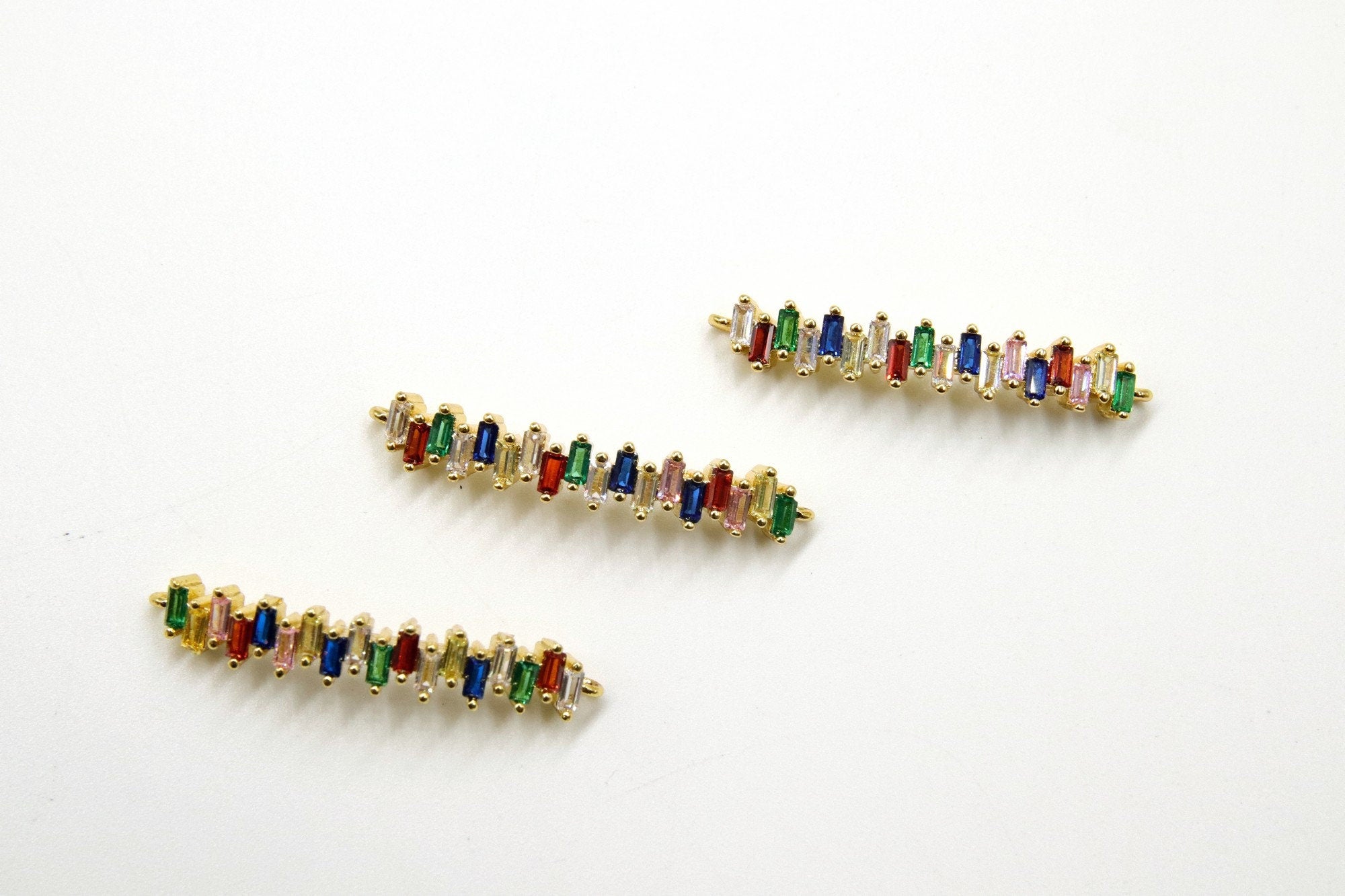 Long Bar Connector, CZ Micro Pave Gold Rainbow Bar Stick, LGBT Pride Minimalist Curved Links